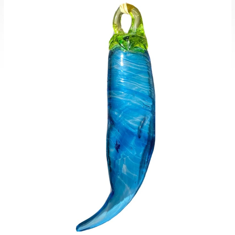 Turquoise Blue Hand Blown Glass Chile Pepper 9.5” Ornament By Artist Adam Frus